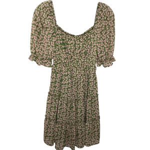 Milkmaid Dress Size S Green Pink Floral Babydoll Y2K Tiered Ruffles Smocking EUC